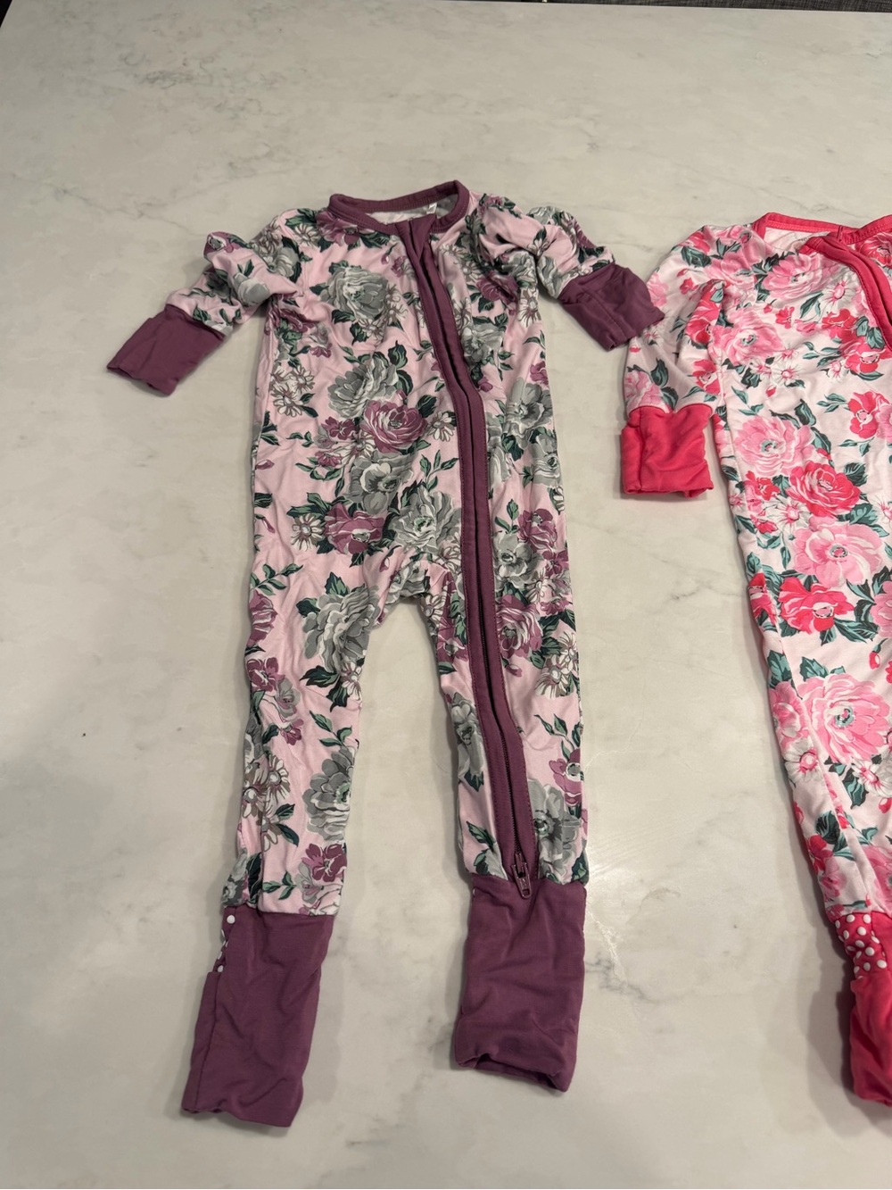 2 Spearmint Baby Floral Zip-Front One-Piece Pajamas in Pink and Purple